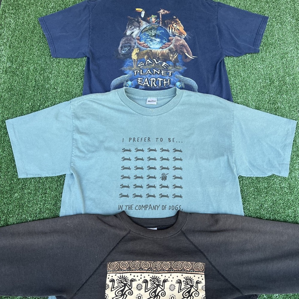 VTG Nature T-Shirt Sweatshirt Men L / XL Black Blue Lot Aztec Dogs Earth 80s 90s